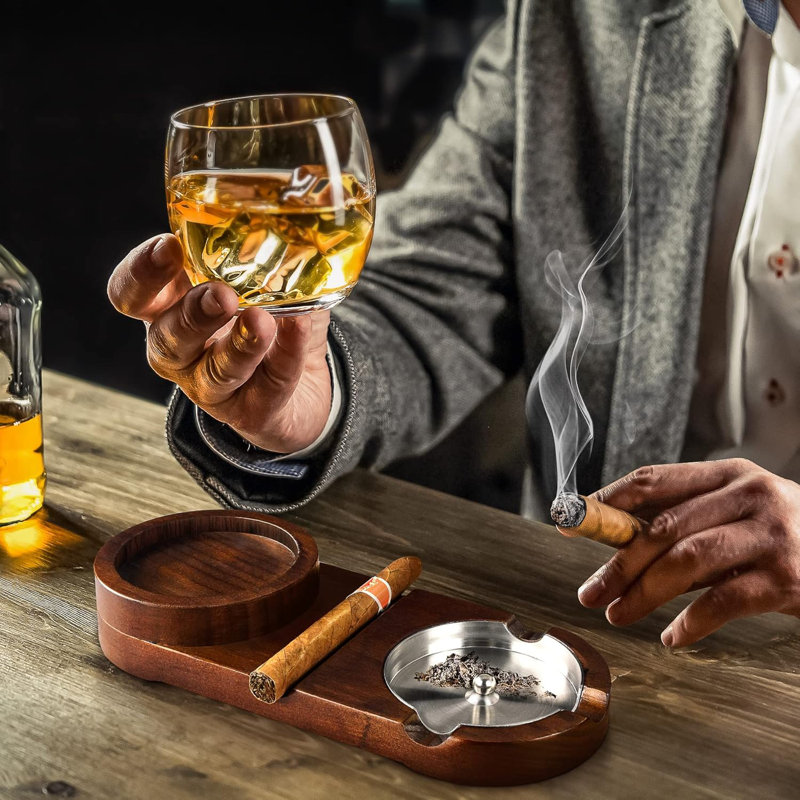 Cendrier cigare 2 en 1 en bois massif et aluminium avec plateau en verre à whisky - Cadeau de décoration de bar de luxe pour homme