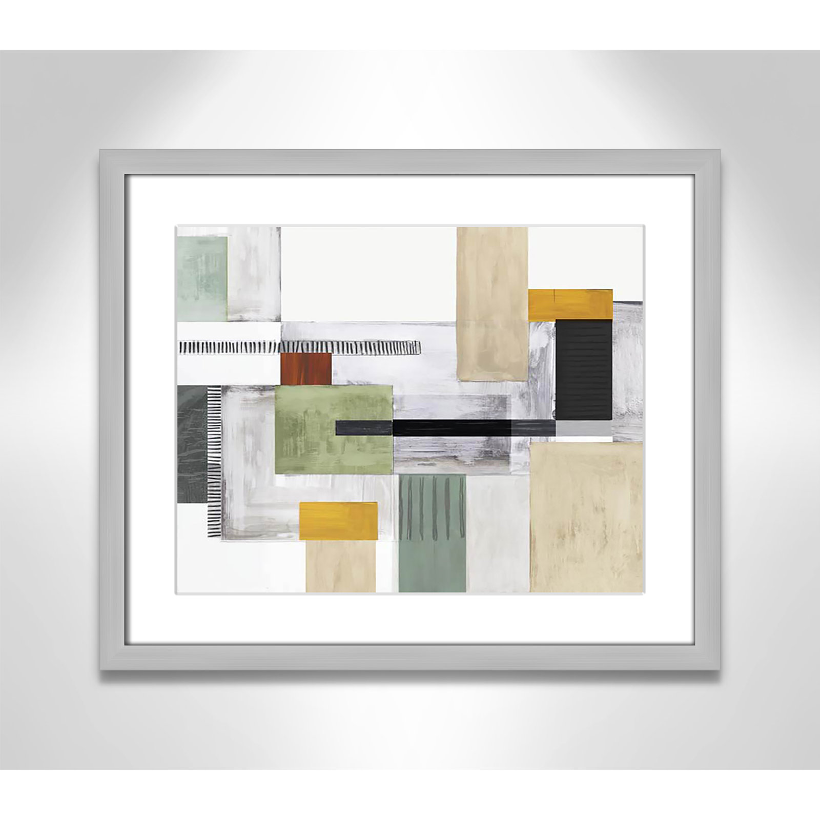 Playful Blocks Print by Tom Reeves, 16" H x 19" W x 1.25" D, Silver Box Picture Framed, White