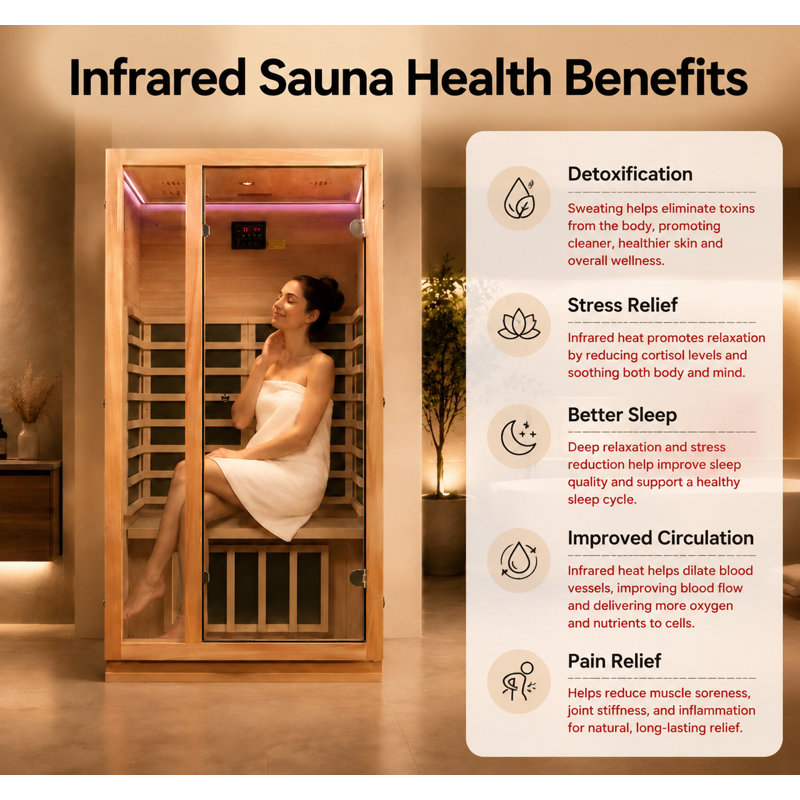 1-2 Person Indoor Far Infrared Luxury Sauna, Low-EMF 1510W/120V Dual Lighting Features with Reading Light & Chromotherapy LED, Clear BT Speaker Sound, Natural Wood Construction,74.8" H x 39.37" Wx 35.43" D