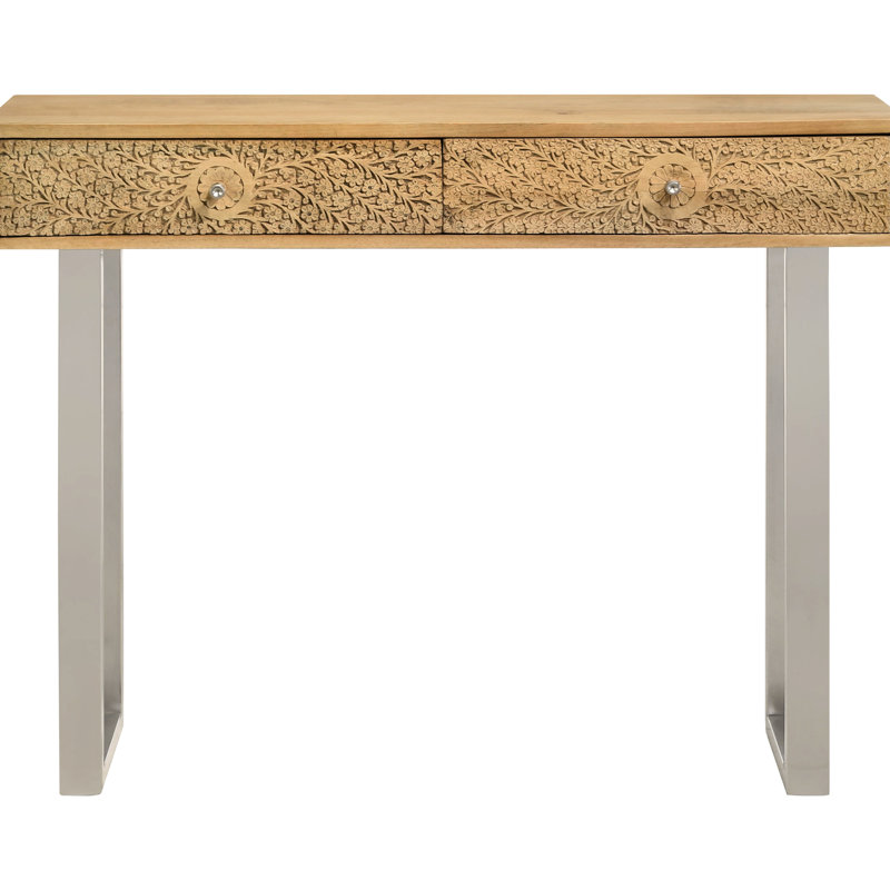 Console à 2 tiroirs naturelle et argentée, base de style traîneau moderne, poignées à prise facile, conception rectangulaire, console Harmony de 12 pouces de profondeur, tons de bois mélangés avec des accents, base rehaussée