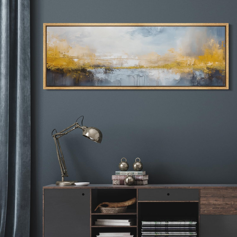 «Minimal Landscape Abstract Texture Effect Gold and Blue Horizon Landscape», reproduction d'art sur toile, H 20 po x l 60 po