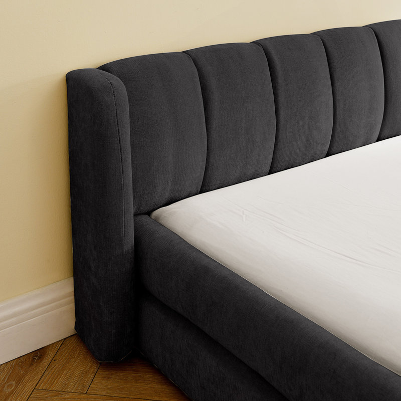 Très grand lit plateforme tapissier avec tête de lit, Gris foncé