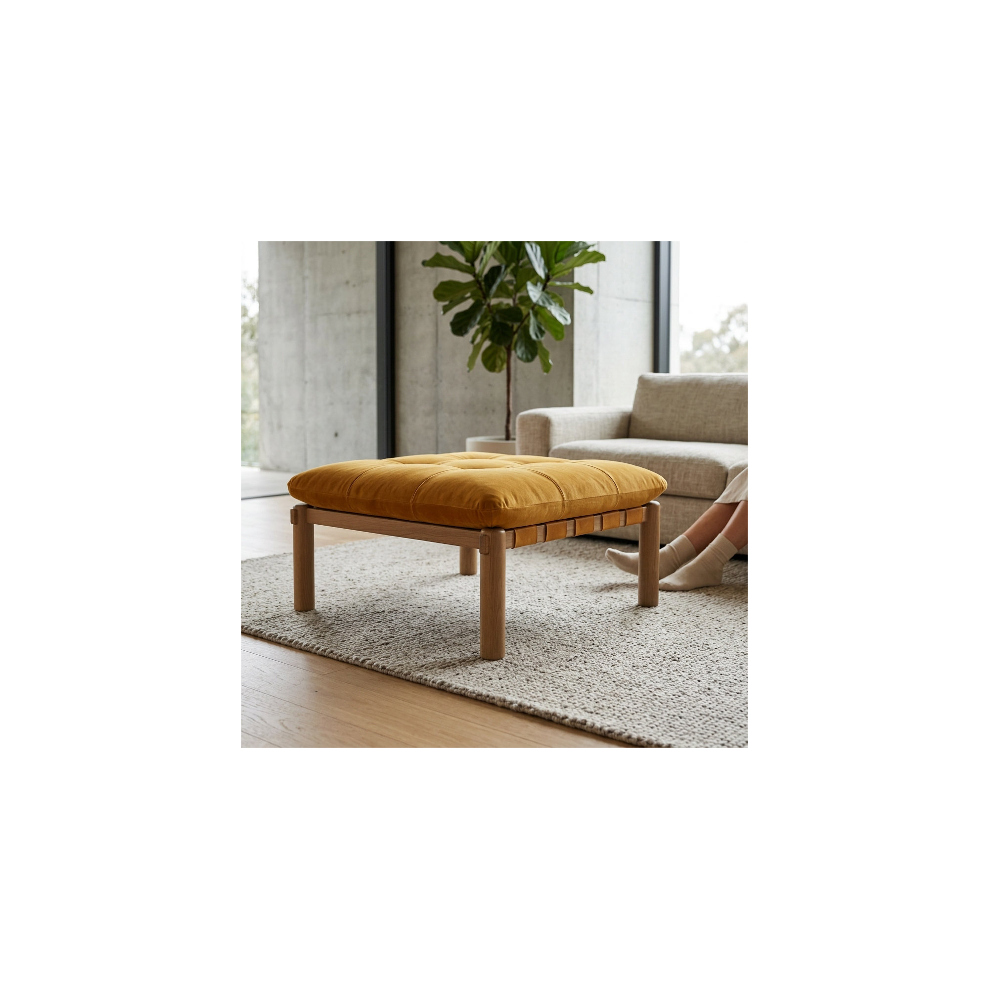 Tyson  37" W Square Top Grain Genuine Leather Ottoman, Tan