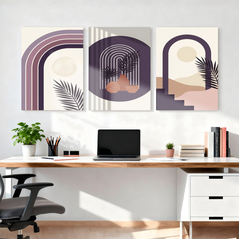 Abstrait arc-en-ciel et feuille de palmier sur toile tendue ensemble de 3 décorations de salon, H 18 po x l 36 po