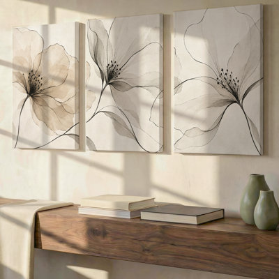 3 Pieces Exculisive Neutral Botanical Line Drawing Large Wall Art Minimalist Panorama, Modern Canvas Decor for Living Room, Bedroom, Office and Home