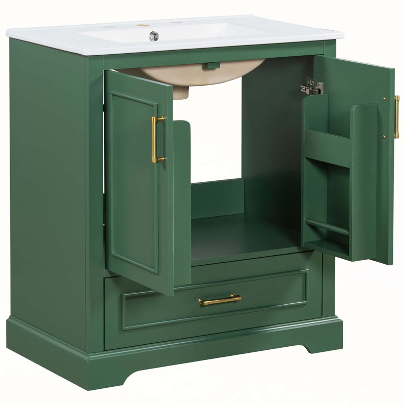 Meuble-lavabo moderne de 30 pouces avec lavabo en céramique, panneau de fibres à densité moyenne et cadre en bois massif, rangement spacieux et portes à fermeture en douceur