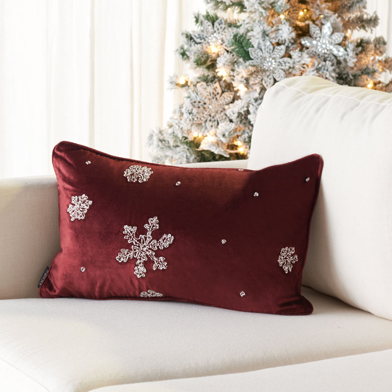 White Embroidered Rectangular Snowflake Throw Pillow