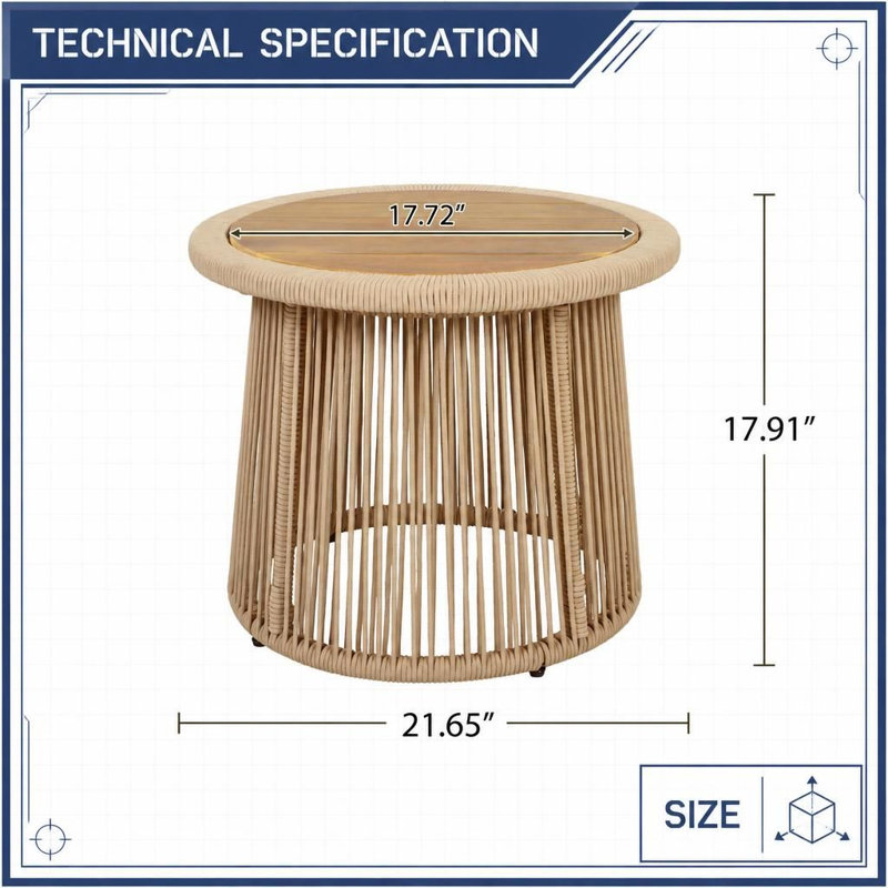 Table d'appoint ronde moderne à tissage ouvert avec plateau en bois d'acacia durable, capacité de poids élevée, structure intérieure en acier robuste, résistant aux intempéries