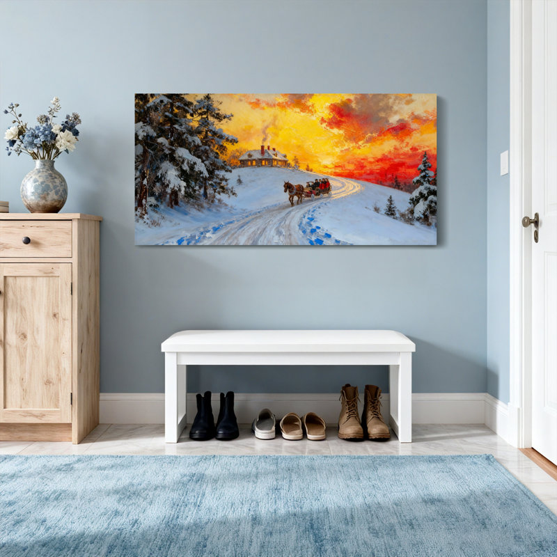 Coucher de soleil, hiver, Noël, calèche, H 16 po x l 32 po