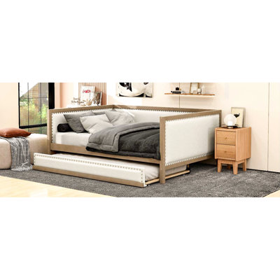 Full Upholstered Daybed With Trundle, Linen, Wood Frame Size & Linen Upholstery