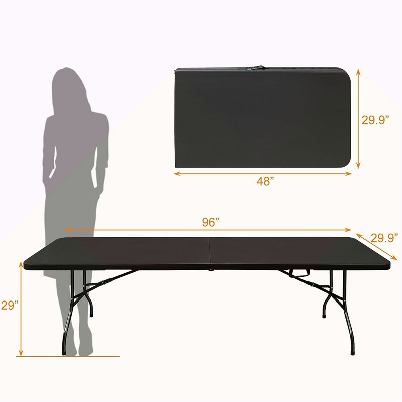 Table pliante de 8 pi, table en plastique portative pour le camping, pique-niques, fêtes, table pliable à charge élevée, Noir