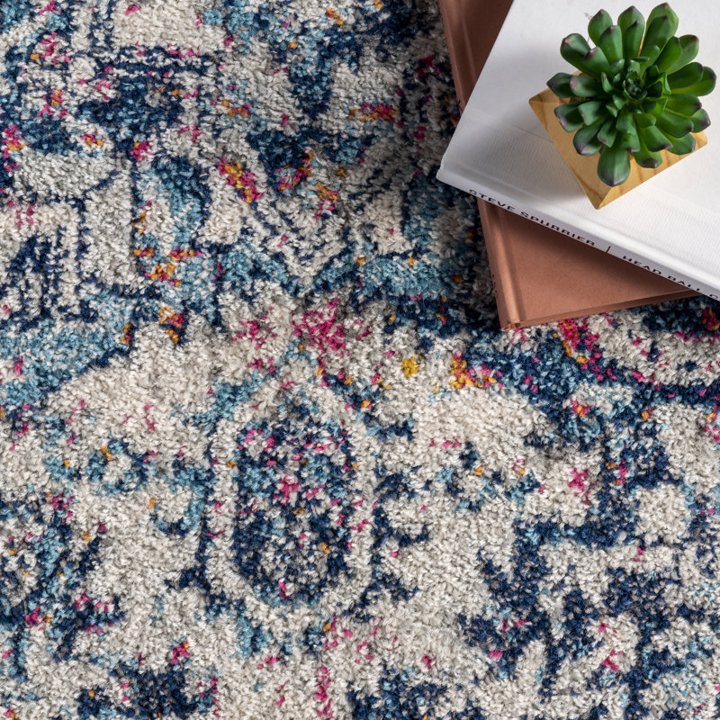 Misi Vintage Medallion Power Loom Blue Rug, Oval 6'7" x 9'