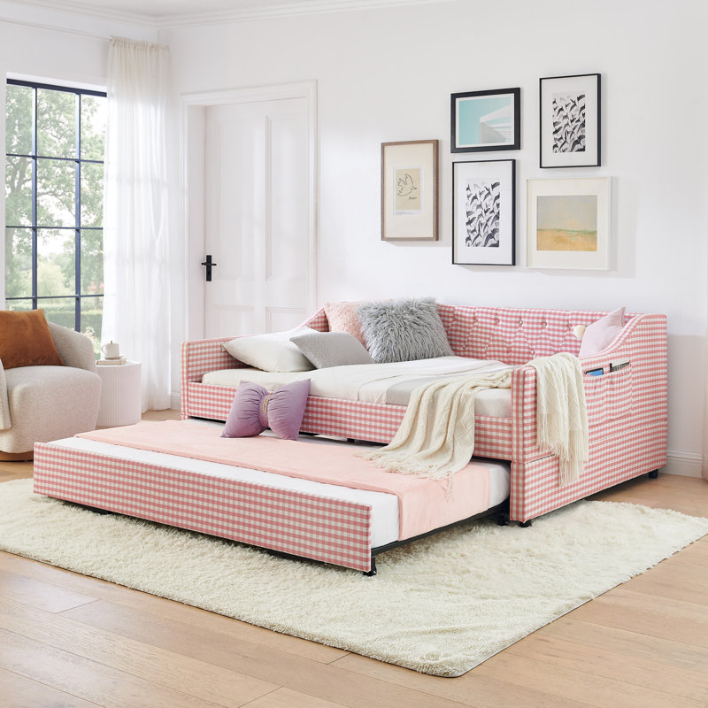 Lit de jour pleine grandeur, lit de jour convertible rembourré avec dossier capitonné, canapé-lit polyvalent 3 en 1 avec lit gigogne escamotable et rangement latéral, parfait pour une vie compacte