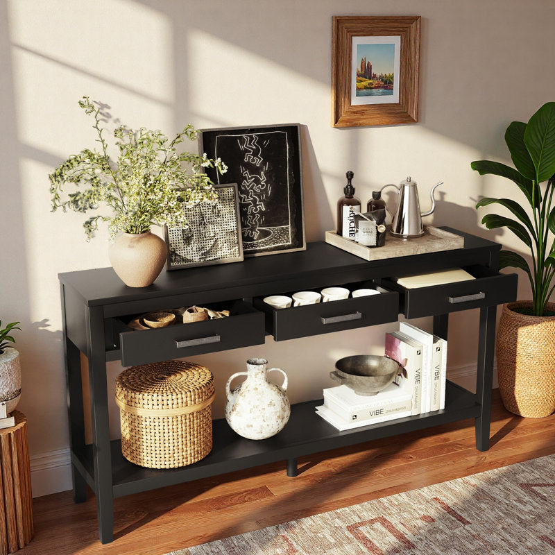 Console avec 3 tiroirs, tablette inférieure ouverte et poignées en métal, Noir