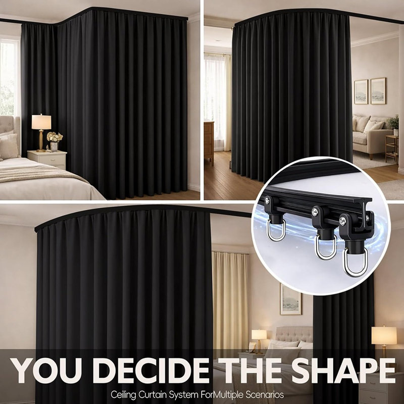 Ensemble de rideau séparateur de plafond avec rail flexible - Rideau d'intimité occultant, panneau noir et rail noir