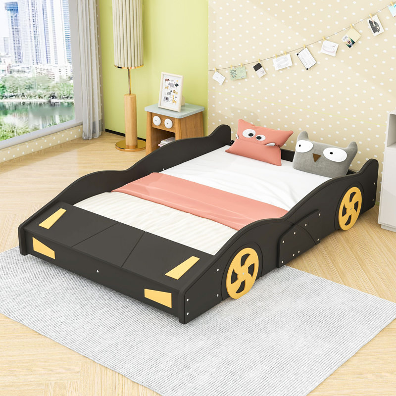 Lit plateforme double en bois pour voiture de course avec espace de rangement intégré et rails latéraux, Noir / jaune