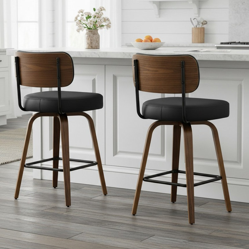 26" Swivel Upholstered Counter Stool with Walnut-Finish Bentwood Frame, Black, 2