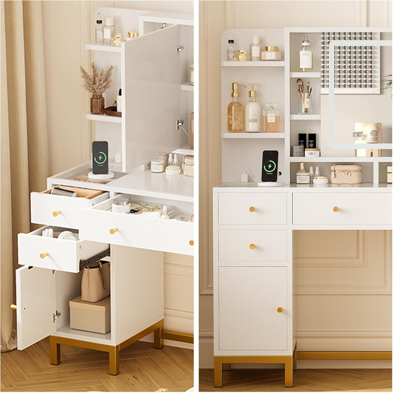 Vanity Desk Makeup Table with Mirror, LED Lights & Charging Station, Dressing Table for Women Girls Bedroom 3 Lighting Modes, Brightness Adjustable, White