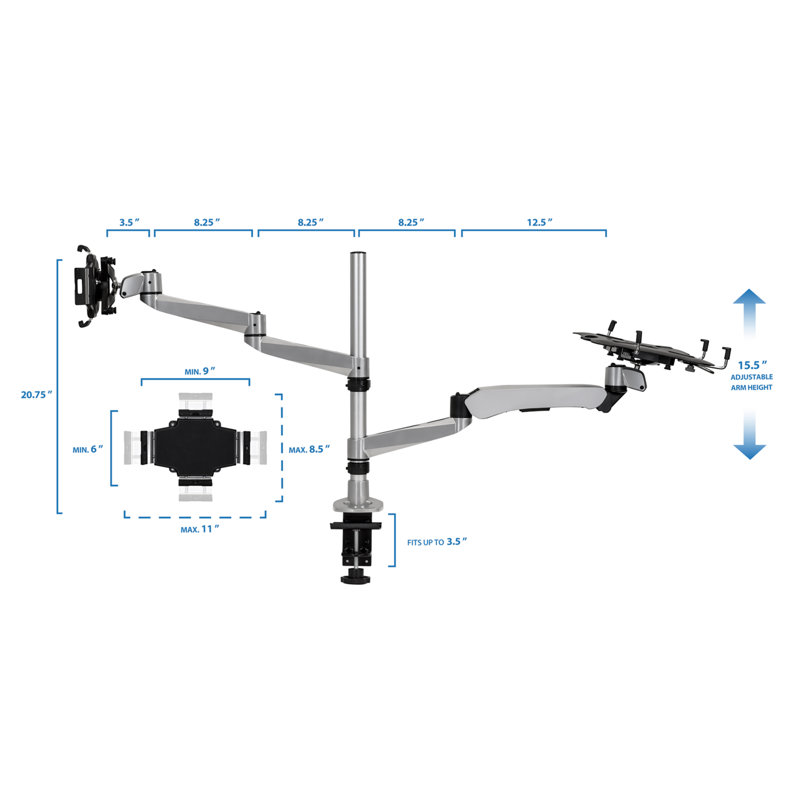 Support de bureau d'ordinateur portable et de tablette à mouvement complet Mount-It pour écrans de 17 po ou moins | Argent
