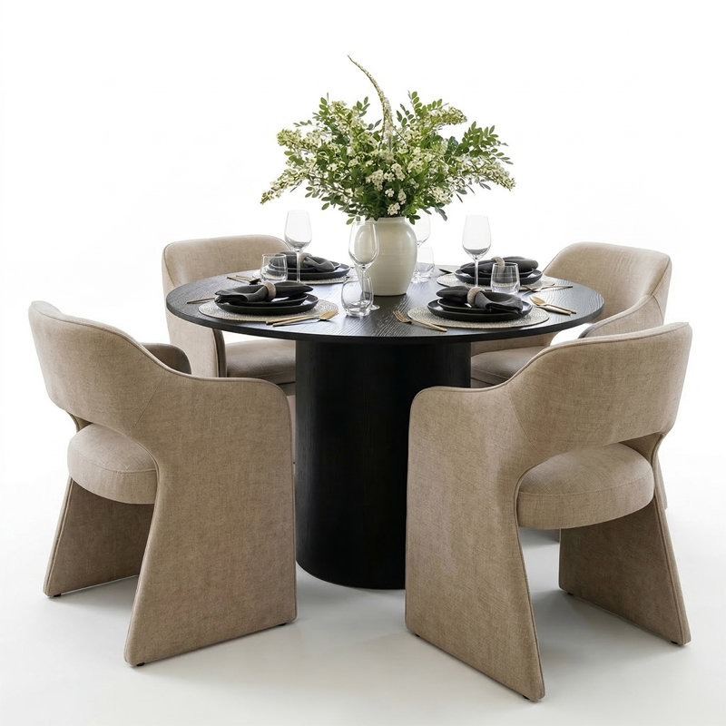 4 - Person Dining Table Sets With Round Table & 4 Upholstered Fabric Chairs, Khaki, Black