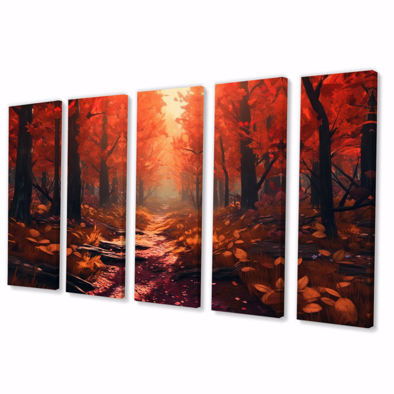 Chaleureuse lumière du soleil d'automne qui brille dans la forêt II - Forest Wall Art Living Room - 5 panneaux égaux
