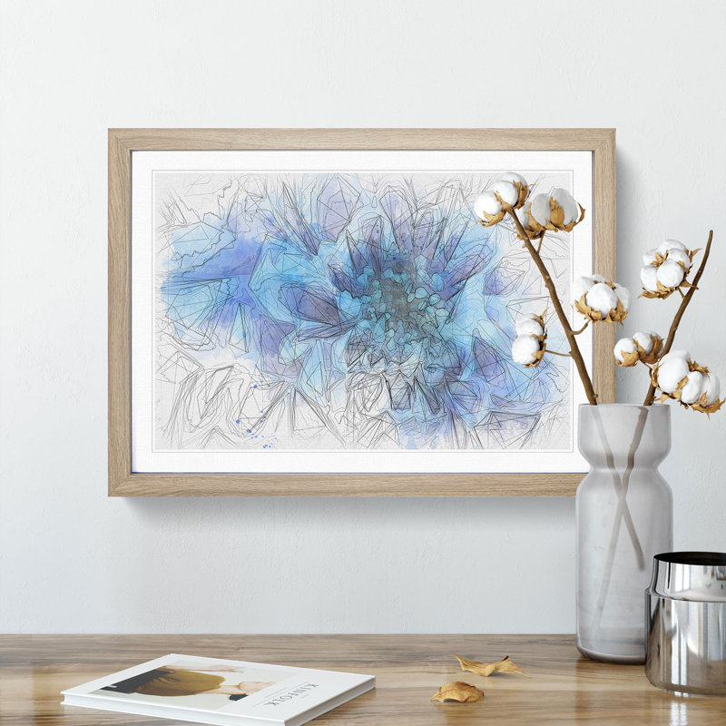 Blue Dahlia Flower - Picture Frame Graphic Art Print, 40cm H x 60cm W x 2cm D, Oak Framed