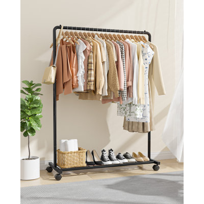 Clothes Rack - Clothing Rack with Storage Mesh Shelf & Casters, Heavy-Duty Metal Clothing Rack for Hanging Clothes, Dresses, Coats, Large Load Capacity, Easy Assembly, Black, 44.3"x16.9"x59.0"
