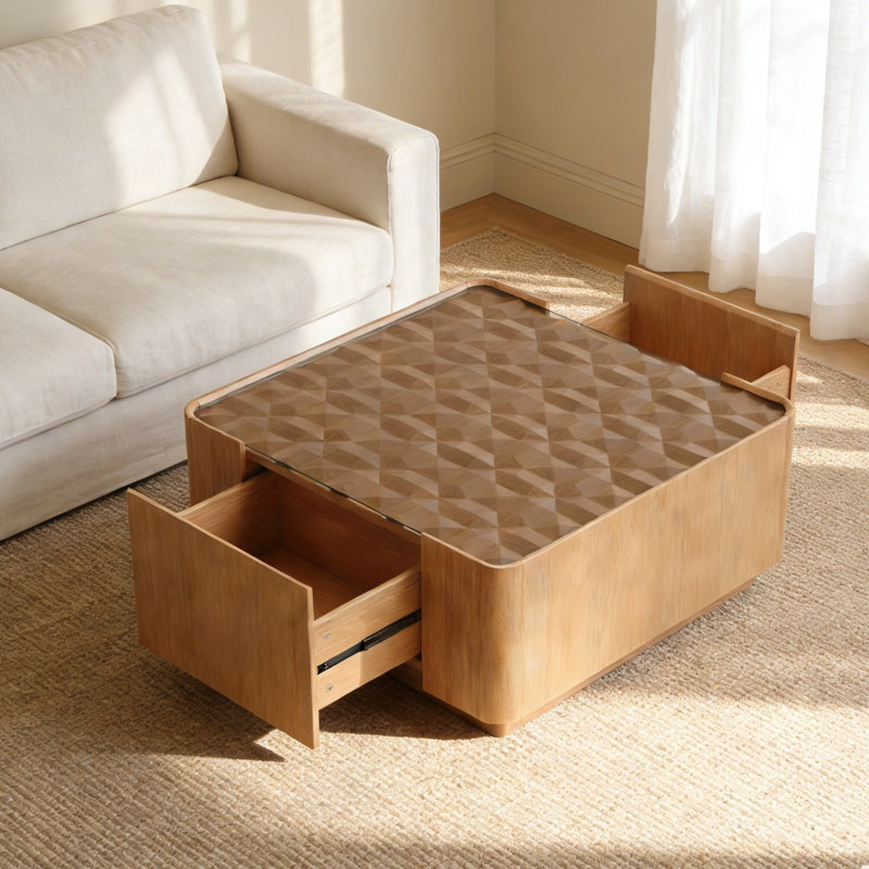 Table basse Mid-Century moderne avec plateau en verre et tiroirs de rangement cachés, table centrale en bois avec base stable