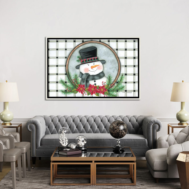 «Poinsettia Snowman Portrait», reproduction d'art sur toile encadrée, H 40 po x l 60 po, Blanc patiné