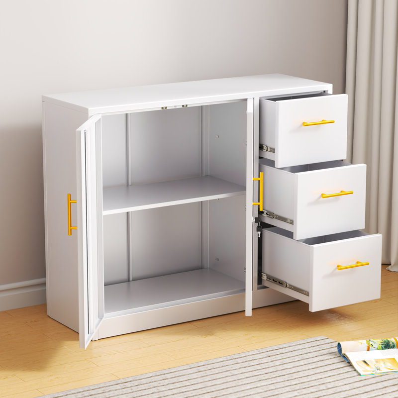 White Metal Sideboard Buffet Cabinet with Gold Handles