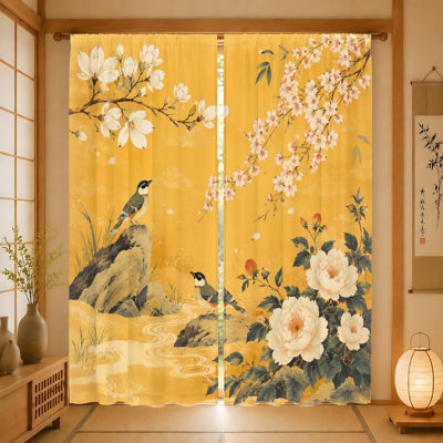 2Pcs Vintage Chinese Art Curtains, Light Filtering Floral Bird Print, Rod Pocket, Decorative for Living Room Bedroom Balcony Kitchen