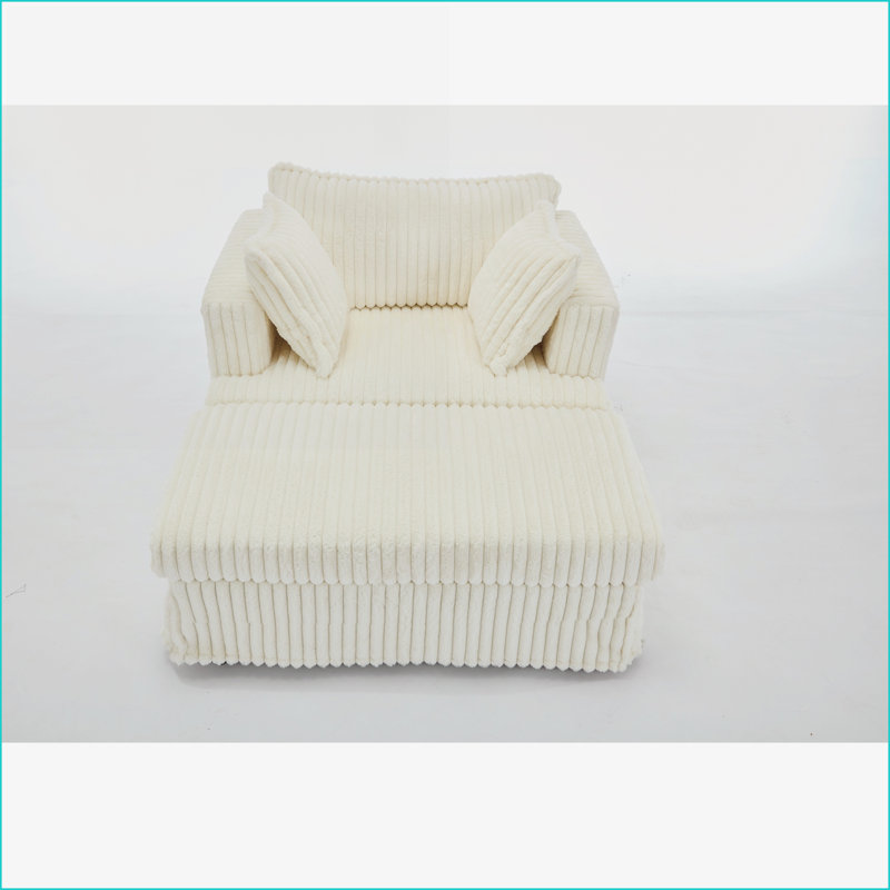 Minimalist Chaise Lounge, 47.7'' Beige Corduroy Deep Seat with Movable Ottoman &amp; 2 Pillows | 1-Seater | Compact, Cream