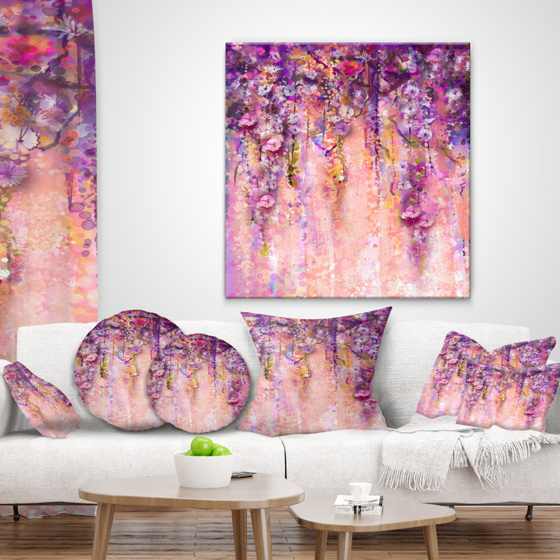 Coussin décoratif imprimé de fleurs roses et violettes, 18 po x 18 po, Carré