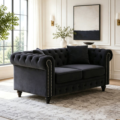 Chesterfield 2-Seater Sofa with Soft Velvet, Button Detail, Rolled Arms, and Wooden Legs