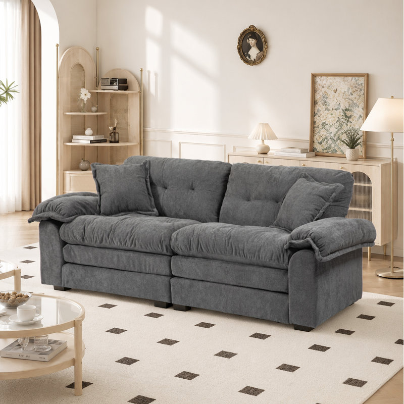 Geneveve 84" Chenille Upholstered Pillow-Top Arm Loveseat Sofa with Memory Foam Cushions and Pocketed Coil Springs, Gray