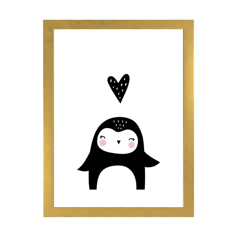 Pingouin avec cœur - impression d'art graphique, H 32 po x l 24 po x P 1 po, Papier encadré doré, Blanc