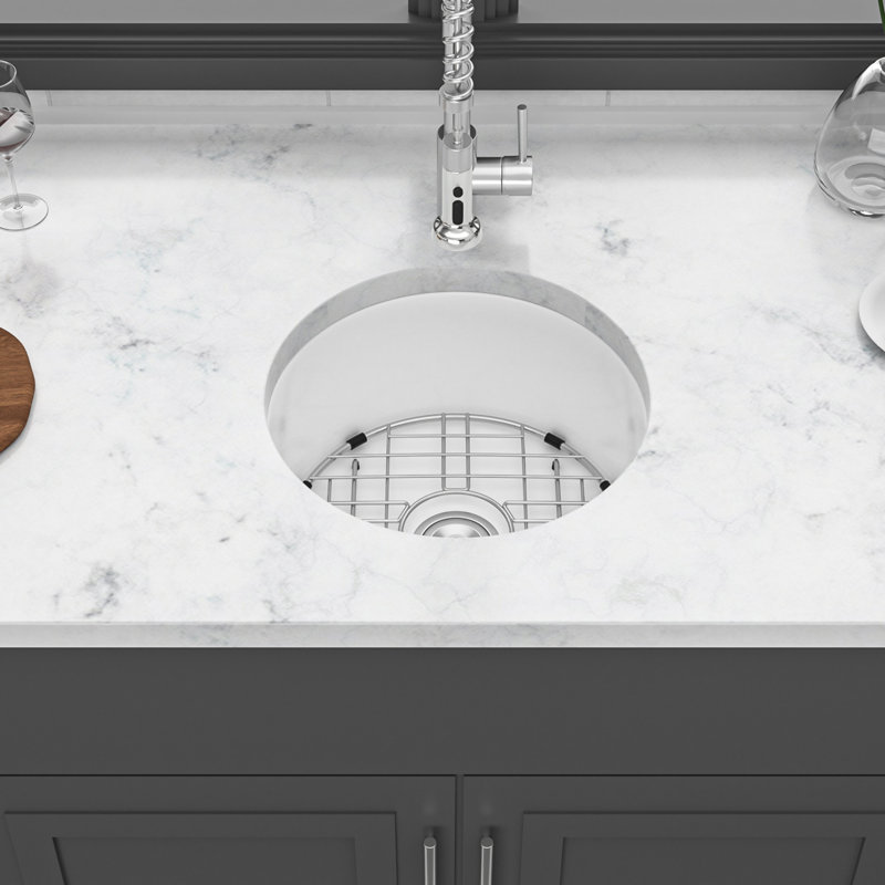 Évier de cuisine circulaire à double fixation en céramique avec drain et grille