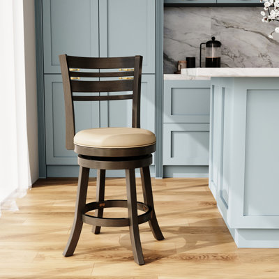Tabouret de comptoir pivotant de 24 po à dossier à lattes, gris vieilli, siège en cuir gris français, hauteur du tabouret, finition, cuir rembourré