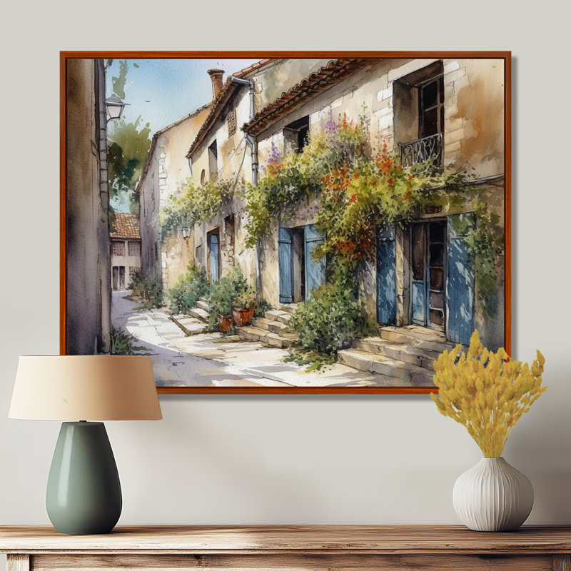 Riata, village méditerranéen, rue V - Paysage, art mural chalet, H 24 po x l 32 po x P 1 po, Cadre flottant brun