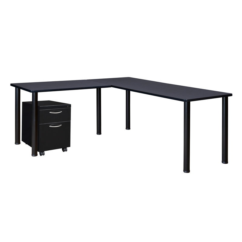 Bureau en coin en K avec plateau à piédestal et tiroir Kee, Gris / Noir, H 29 po x l 66 po x P 66 po