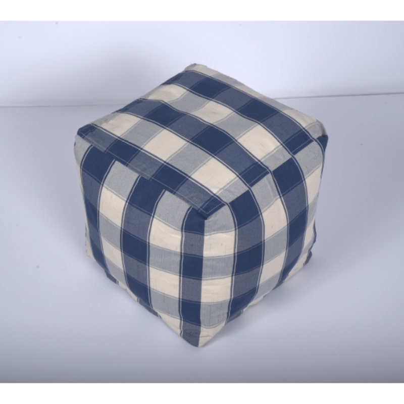 Connor Checkered Square Pouf, Ivory And Navy Blue