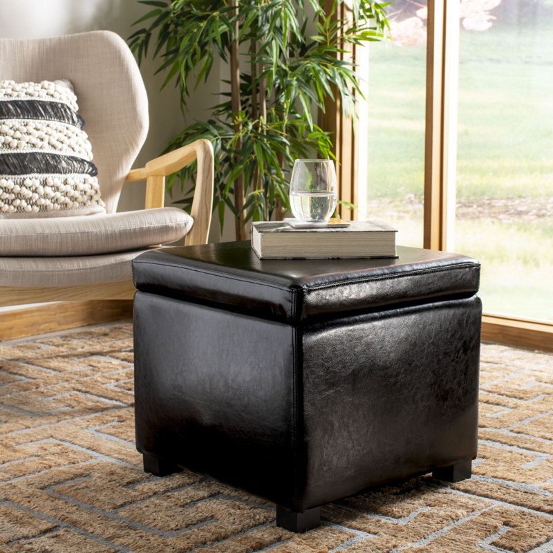 Kamyra Faux Leather Ottoman, Black Faux Leather