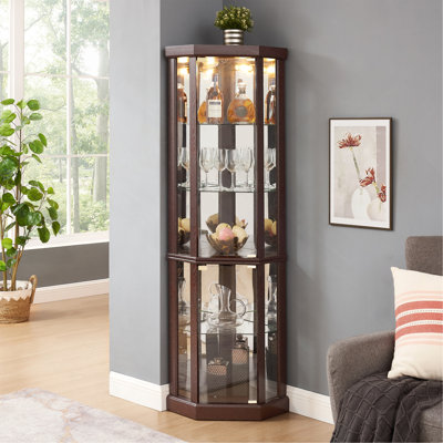 Vitrine de coin lumineuse - Vitrine élégante en verre pour le rangement du salon et du bar - Pour les collections antiques et le vin - Comprend un éclairage intégré - Cerisier foncé