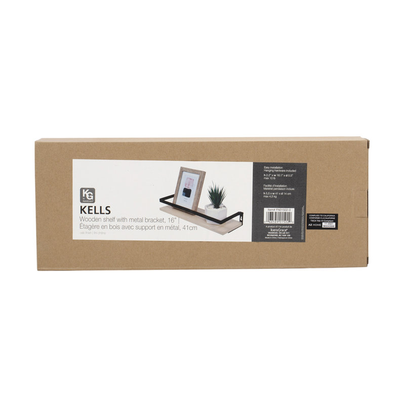 Kells 16" Beige Oak Floating Shelf with Black Metal Bracket