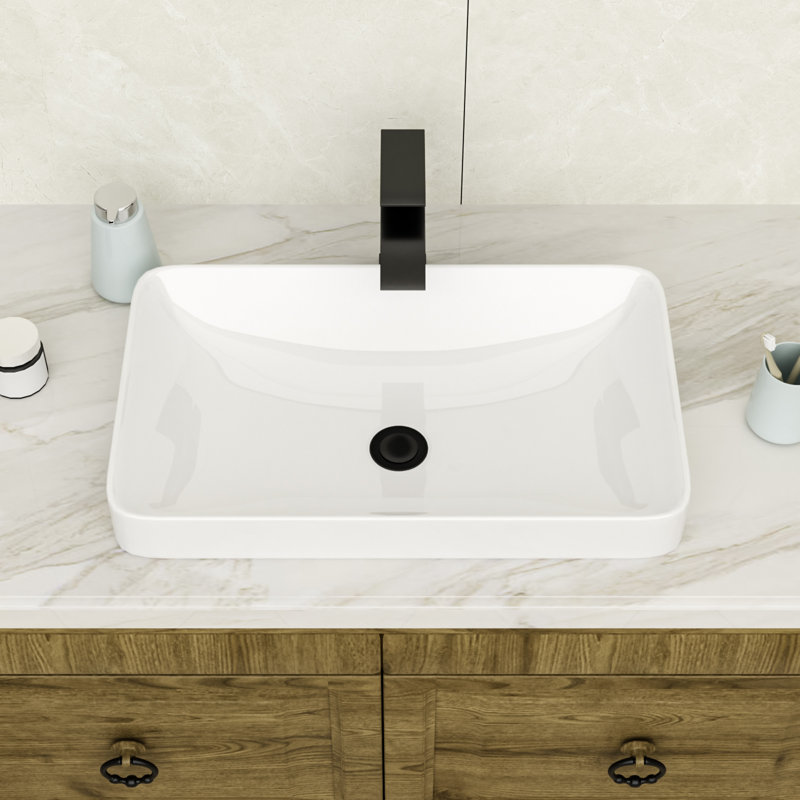 19'' L x 12'' W Semi Recessed Bathroom Sink Rectangular Ceramic Vessel Sink Above Counter Sink, White