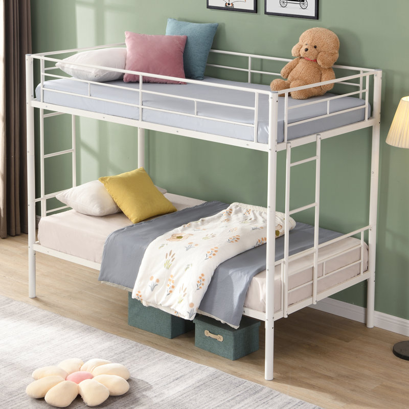 Lit superposé en métal blanc - ajout de chambre à coucher moderne, modèle simple au-dessus du modèle simple, structure en acier pour une durabilité et une stabilité à long terme, espace de sommeil silencieux et silencieux, capacité de charge élevée, coffre-fort
