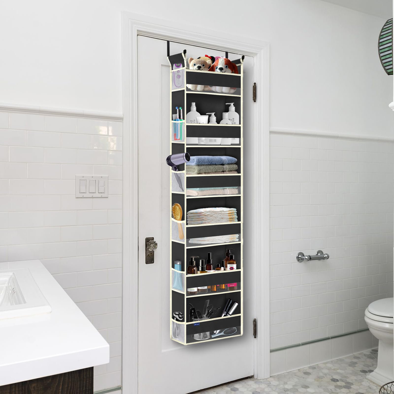 Over The Door Hanging Organizer 6-Shelves and 12 Side Pockets, Over The Door Storage Organizer, Back of Door Organizers for Baby Accessories and, image size:1600x1600