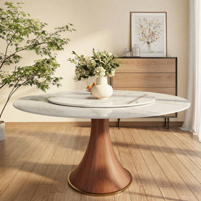 Farmhouse Glossy Sintered Stone Round Dining Table With Removable Lazy Susan Solid Wood Pedestal Base