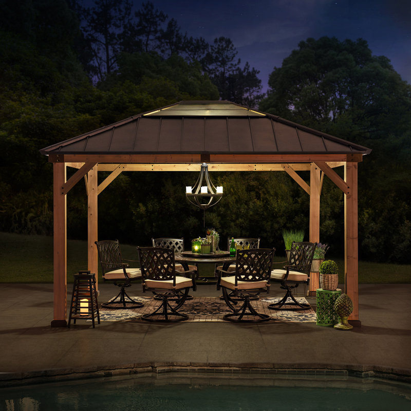Sunjoy Hardtop Gazebo 11 x 13 ft. Upgrade Cedar Framed Wood Gazebos with Brown Steel and Polycarbonate Hip Roof Hardtop for Garden, Backyard Shade,