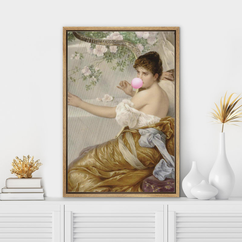 «Woman Tuning Harp Bubblegum», H 36 po x l 24 po, Cadre naturel flottant